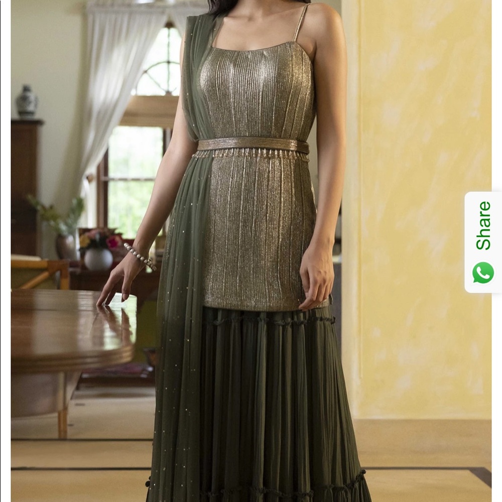 Mehndi color gharara spaghetti strap outfit